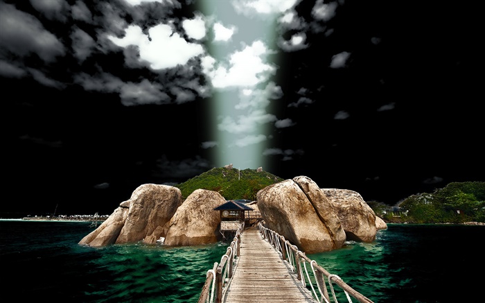 Stones, house, sea, bridge, HDR scenery Wallpapers Pictures Photos Images