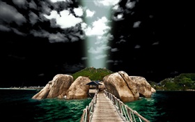Stones, house, sea, bridge, HDR scenery HD wallpaper