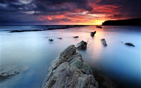 Sunrise, Collywell Bay, sea, red sky, Northumberland, England, UK HD wallpaper