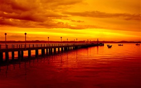 Sunset, pier, red style, boats, river HD wallpaper