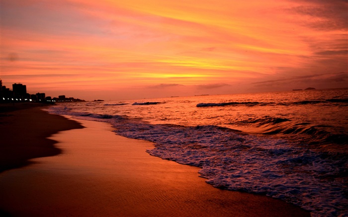 Sunset, sea, dusk, waves, red sky Wallpapers Pictures Photos Images