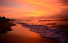 Sunset, sea, dusk, waves, red sky HD wallpaper