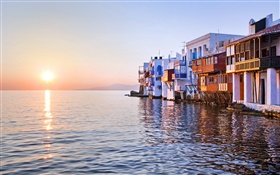 Sunset, sea, house, Little Venice, Mykonos, Greece HD wallpaper