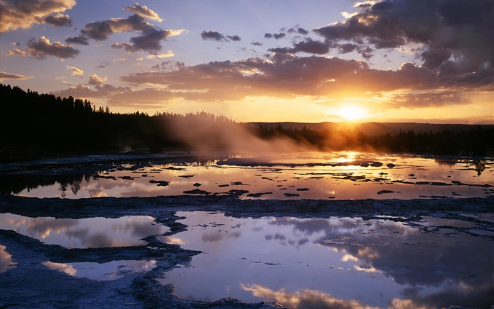 Swamp, water, fog, trees, sunrise, red sky Wallpapers Pictures Photos Images