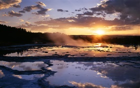 Swamp, water, fog, trees, sunrise, red sky