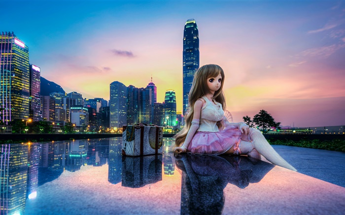 Toy, doll, beautiful girl, city, buildings, Hong Kong Wallpapers Pictures Photos Images