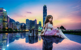 Toy, doll, beautiful girl, city, buildings, Hong Kong HD wallpaper