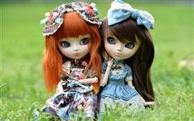 Two toy girls, red and black hair, doll HD wallpaper