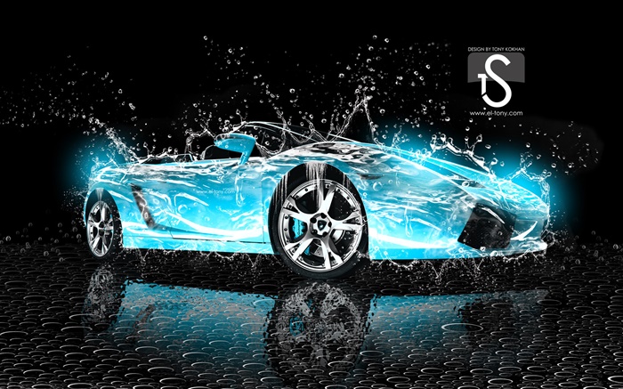 Water splash car, blue Lamborghini, creative design Wallpapers Pictures Photos Images