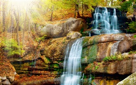Waterfalls, stones, autumn, trees, sun HD wallpaper