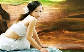 White dress Asian girl, look back HD wallpaper