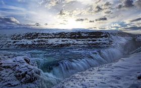 Winter, river, snow, clouds