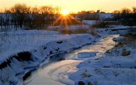 Winter, river, snow, trees, dawn, sunrise HD wallpaper