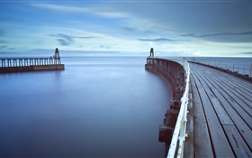 Wooden bridge, pier, lighthouse, sea, dawn HD wallpaper
