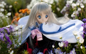 Blue eyes toy girl, doll, flowers HD wallpaper