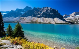 Bow Lake, Alberta, Canada, mountains, trees, blue sky HD wallpaper