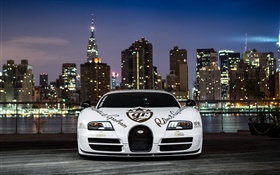 Bugatti Veyron white supercar front view, night HD wallpaper