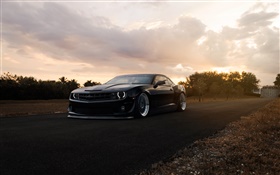 Chevrolet Camaro ZL1 matte black car, sunset, road