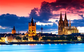 Cologne, Germany, cathedral, city, night, river, clouds HD wallpaper