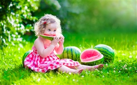 Cute baby, girl eating watermelon, summer, meadow HD wallpaper