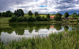 Denmark, Langa, Midtjylland, river, grass, trees, fields, clouds HD wallpaper