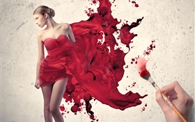 Draw girl's red dress, creative pictures HD wallpaper