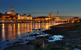 Dresden, Germany, city, houses, buildings, river, night, lights HD wallpaper