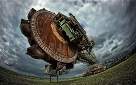 Excavator, machine, clouds, field HD wallpaper