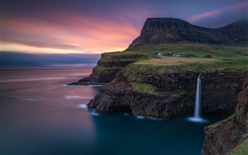 Faroe Islands, waterfall, Atlantic, mountain, rocks, house, dusk
