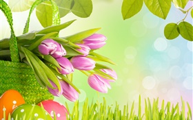 Flowers, purple tulips, grass, spring, eggs, Easter