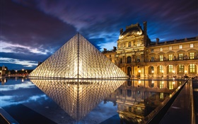 France, Paris, Louvre Museum, pyramid, night, water, lights HD wallpaper