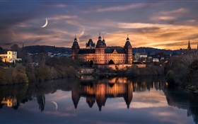 Germany, Aschaffenburg, night, moon, clouds, water reflection HD wallpaper