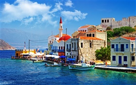 Greece, town, pier, boat, house