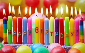 Happy Birthday, colorful candles, fire, balloons HD wallpaper