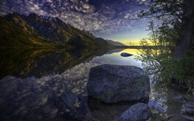 Lake, dusk, mountains, clouds, water reflection