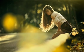 Long hair young girl, sun, bokeh HD wallpaper