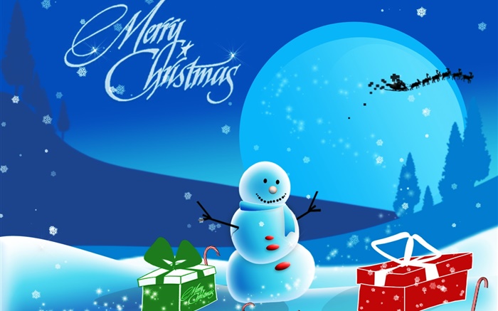 Merry Christmas, art pictures, snowman, snow, gifts, moon Wallpapers Pictures Photos Images