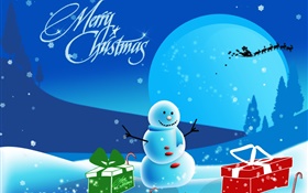 Merry Christmas, art pictures, snowman, snow, gifts, moon HD wallpaper
