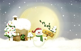 Merry Christmas, snowman, trees, moon, house, snow HD wallpaper