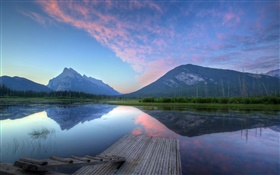 Mountains, dawn, lake, pier, water reflection