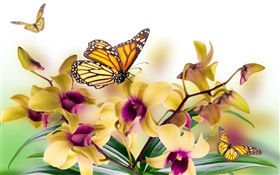 Orchid, flowers, leaves, petals, butterfly HD wallpaper