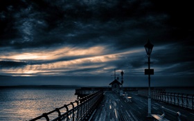 Pier, sea, dusk, cloudy sky HD wallpaper