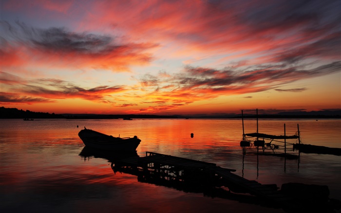 Pier, sunset, sea, boat, red sky Wallpapers Pictures Photos Images