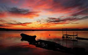 Pier, sunset, sea, boat, red sky HD wallpaper