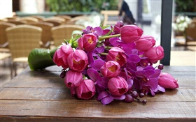 Purple flowers, tulips, orchids, wood board HD wallpaper