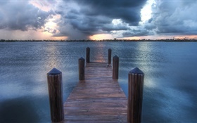 River, pier, clouds, dusk