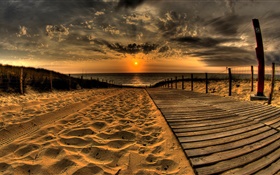 Sands, beach, pier, sunset, clouds HD wallpaper
