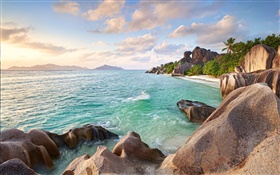 Seychelles Island, stones, sea, coast, beach, sunset HD wallpaper