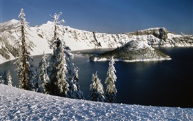 Snow, volcanic lake, trees