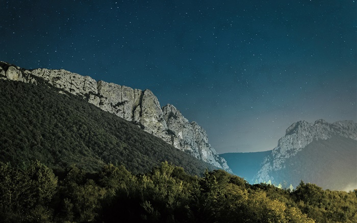 Stone mountains, trees, night Wallpapers Pictures Photos Images